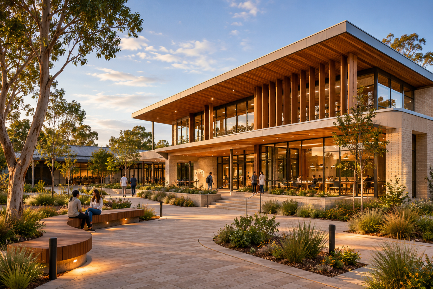 Regional collaboration architecture image with warm civic building, landscape, and public gathering space