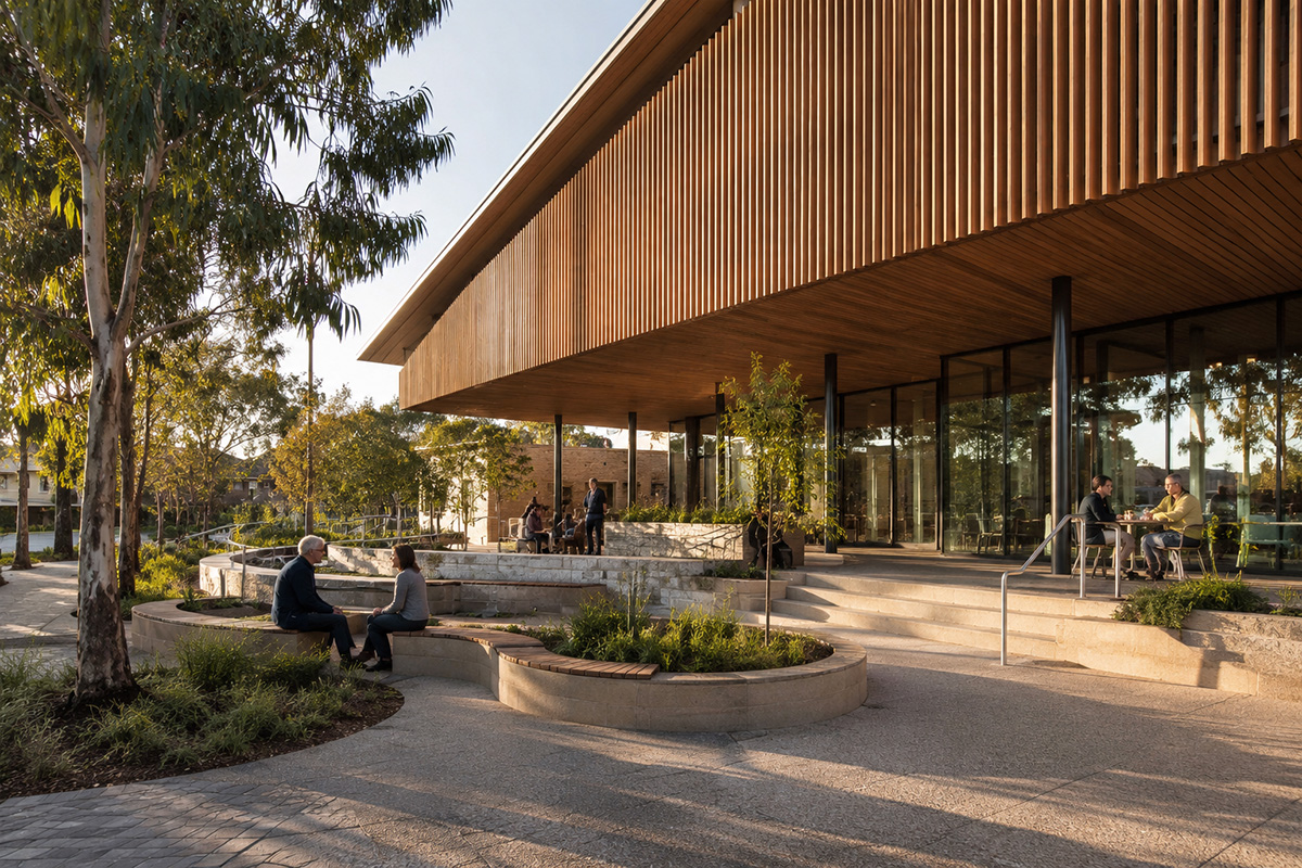 Warm civic community space with public gathering area, landscape, and subtle people