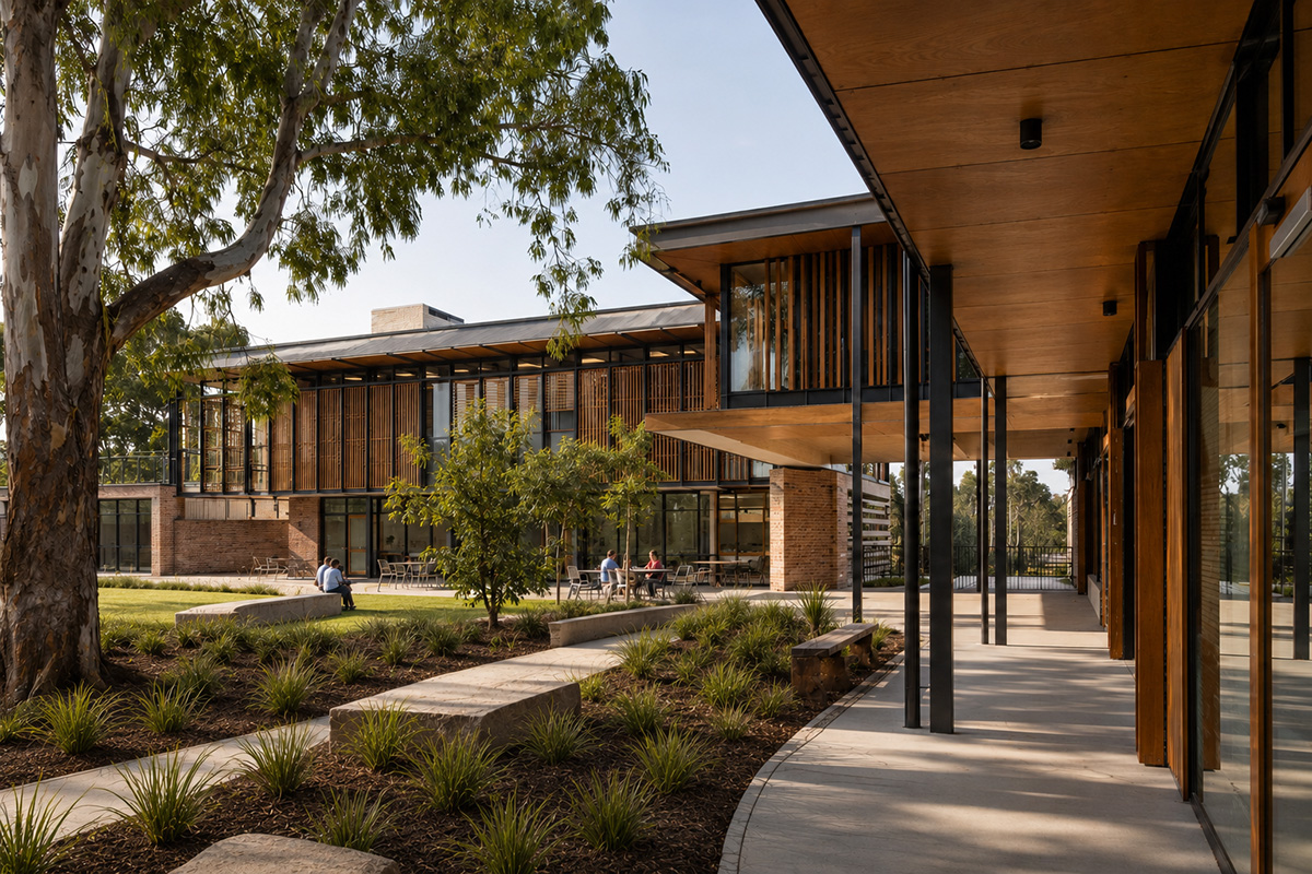 Sustainable architecture with passive shading, timber, daylight, and landscape integration