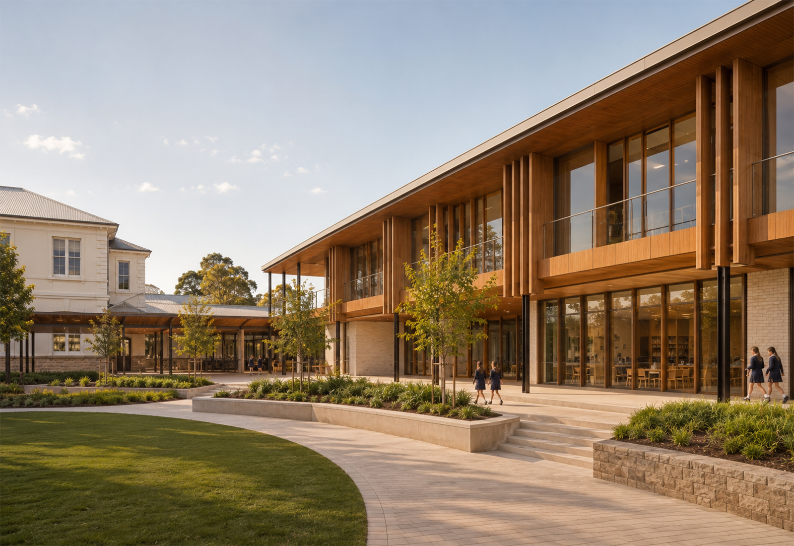 Melbourne Girls Grammar Junior School education building with timber, glass, courtyard, and human scale